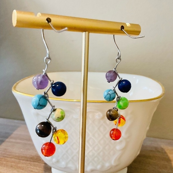 New Multi Color Stylish & Creative Stone Ball Bead Decor Dangle Drop Earrings - Picture 5 of 8